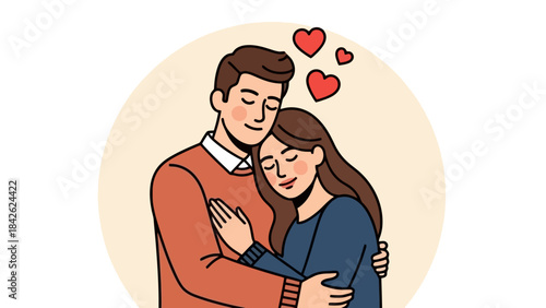 Loving Couple Embracing Tightly with Hearts Symbolizing Romance and Affection