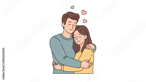 Loving Couple Embracing Tightly with Hearts Floating Above in Affectionate Moment