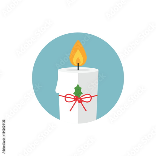 Burning White Christmas Candle Decorated with Holly Berry Wreath