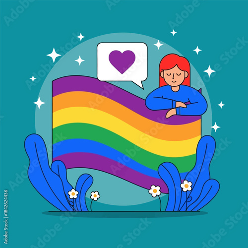 The woman holding lgbt flag for celebrate pride month