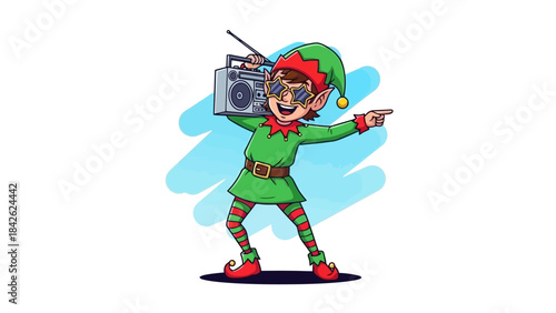 Cool Christmas Elf with Star Sunglasses and Boombox Dancing Joyfully