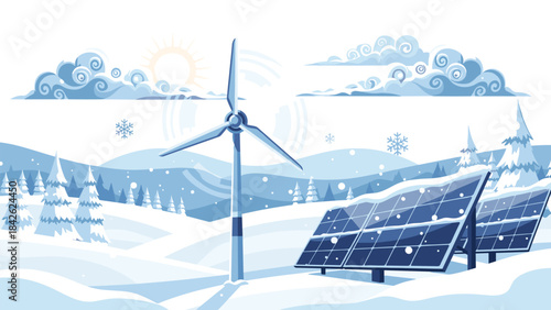 Renewable energy sources in a snowy landscape with wind turbine and solar panels generating clean electricity