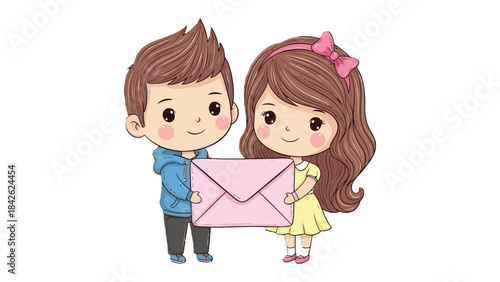 An Envelope Shared: Two affectionate individuals, symbolizing connection and shared secrets, tenderly holding a pink envelope in a sweet moment of affection.