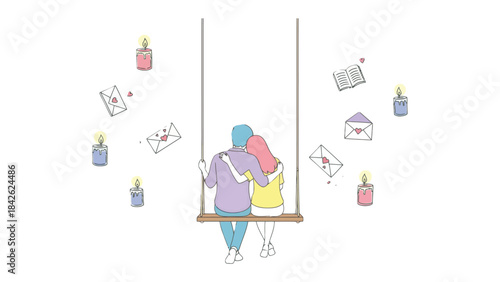 Love's Tender Embrace: A romantic couple shares a tender moment on a swing, surrounded by floating letters and candles, celebrating the warmth and intimacy of a deep connection.