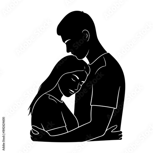 A loving couple embracing in a simple and intimate silhouette illustration Vector.