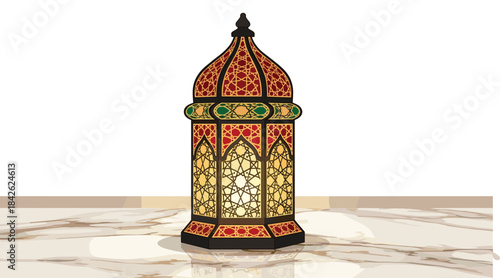 Beautifully crafted colorful stained glass lantern on marble surface