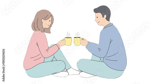 Simple Coffee Cheers: A loving couple, seated intimately, holds up steaming cups of coffee in a sweet toast of shared joy and connection, the warm essence of togetherness permeates the simple act.