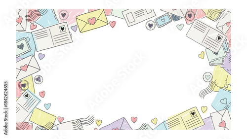 Love Letter Composition: A whimsical arrangement of colorful envelopes and postcards surrounds a blank space. Perfect for conveying messages of affection and romance.