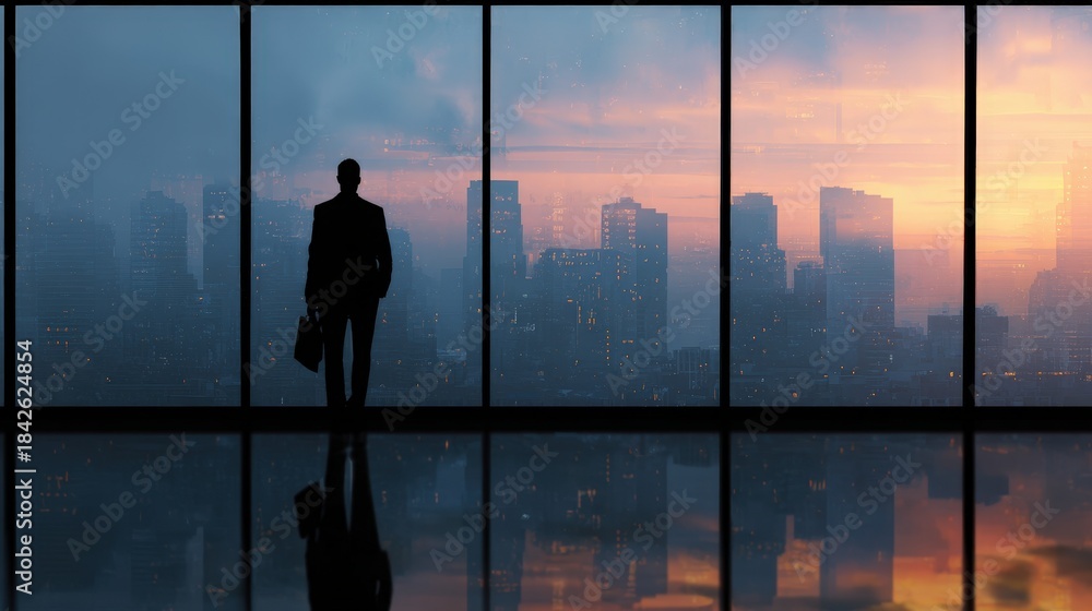 Fototapeta premium businessman standing looking at city skyline, silhouette, window, vision concept