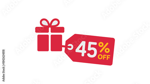 Red gift box with 45 percent off sale tag illustration