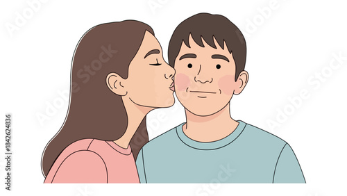 A Sweet Kiss of Affection: A tender moment of endearment, where a woman gently kisses a man's cheek, conveying warmth and affection. A classic depiction of love's tenderness. 