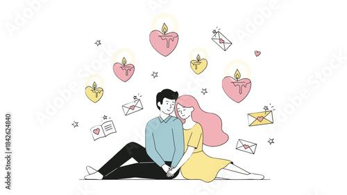 A Tender Embrace in Candlelit Romance: A loving couple, illuminated by heart-shaped candles and love letters, sharing a moment of intimacy and affection. A visual tale of love and connection.