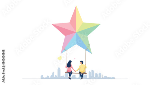 Dreamy Constellation: A loving couple swings beneath a vibrant, multi-colored star, their hands clasped in a sweet embrace, against the backdrop of a charming cityscape.
