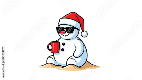 A cartoon snowman wearing sunglasses and a santa hat sitting on the beach with a mug