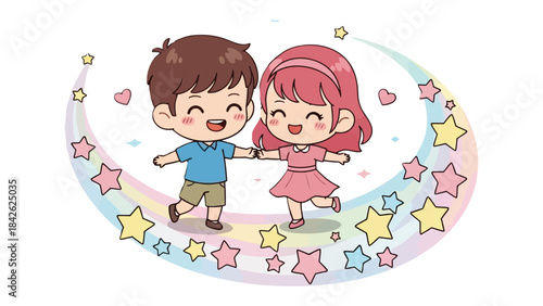 Forever Bond: Cartoon representation of couple holding hands each other, surrounded by stars and hearts, and rainbows, representing the eternal bond of togetherness and joy.