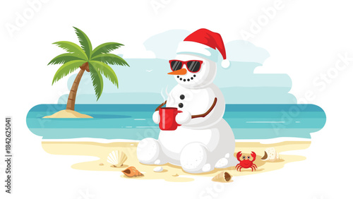 A cheerful snowman wearing sunglasses and a santa hat relaxes on a tropical beach with a palm tree and a crab nearby