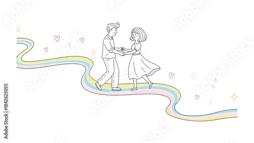 Eternal Dance of Hearts: A couple, hand in hand, glides gracefully along a whimsical, rainbow-colored path, each step a testament to their enduring affection.