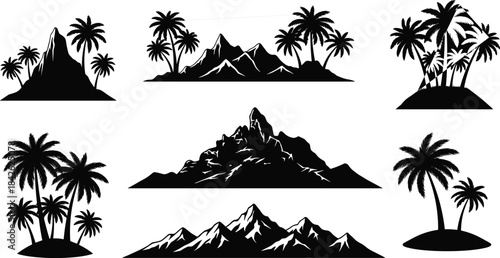 Black Silhouette Vector Set of Tropical Mountains, Hills, Islands, and Palm Trees Illustration, Vacation, Travel, Nature, Landscape, and Exotic Paradise Graphic Collection.