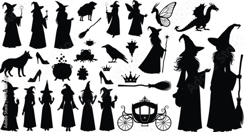Black Witch and Wizard Silhouettes with Magic, Fantasy Creatures, Fairy Tale Elements, and Halloween Accessories, Vector Illustration Set, Isolated on White.