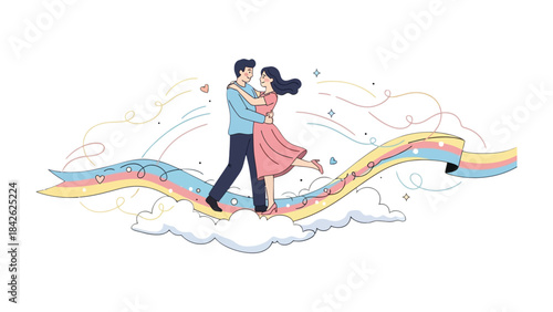 Eternal Embrace of Love: A couple, lost in a tender embrace, dances amidst a whimsical sky adorned with ribbons and soft clouds, symbolizing a bond of everlasting affection and unity.