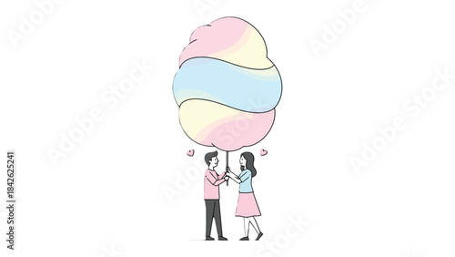 Sweet Sharing: A delightful scene of two figures united by a cloud of colorful cotton candy, capturing a moment of innocent bliss and shared sweetness.