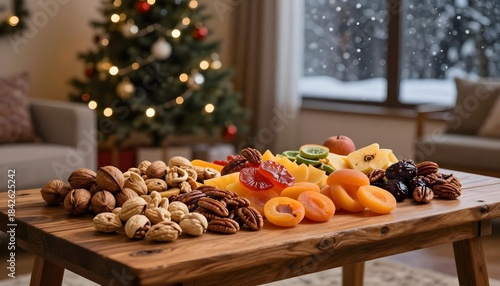 Christmas snack board with nuts and dried fruits