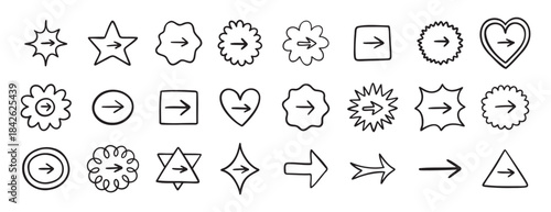 Cute arrow in frame set for bullet journal doodle hand drawn icon set. Diary note arrow elements in the shape of flower, star, heart, circle.