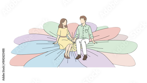 Love's Bloom: A tender couple sits hand in hand atop a multi-colored flower, a testament to their love, unity, and shared dreams.