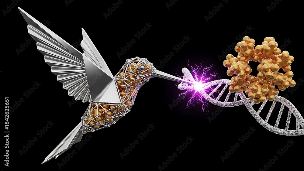 Naklejka premium A futuristic metallic hummingbird interacts with a genetic structure using a precision energy beam