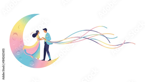Celestial Dance of Romance: A couple stands embraced on a vibrant crescent moon, their hands clasped. symbolizing everlasting love and the magic of a shared dream.