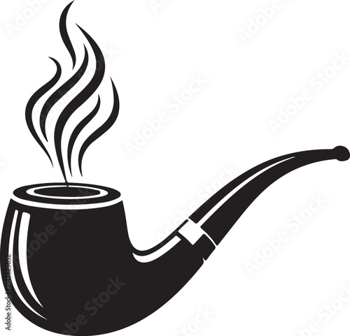 A stylized black and white vector graphic depicting a classic smoking pipe with rising smoke