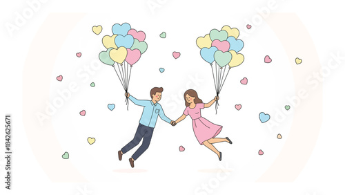 Soaring Hearts: A couple, hand in hand, floats amidst a cascade of heart-shaped confetti. Each holds a cluster of heart-shaped balloons, symbolizing the boundless joy and love that unites them.