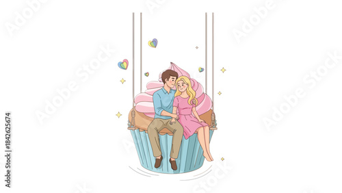 Sweetheart's Delight: A couple find themselves in a whimsical embrace, perched atop a giant cupcake suspended in mid-air with gentle breezes and a sprinkle of hearts.
