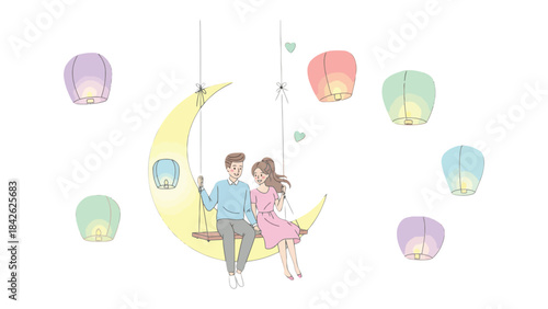 Whispers under the Moon: A tender moment unfolds as a couple, bathed in the soft glow of floating lanterns, find solace on a crescent moon swing, their hearts entwined amidst the night's magic.