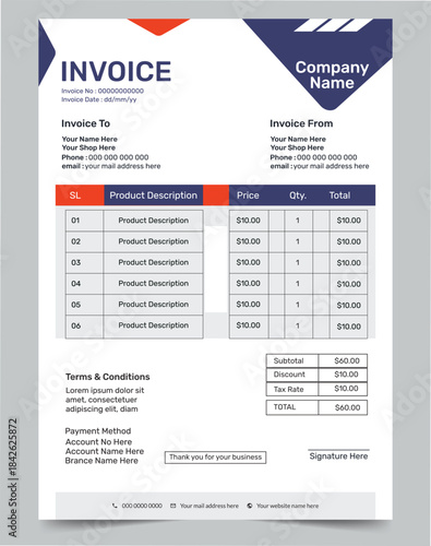 Invoice Template and Vector Business Stationery Design.