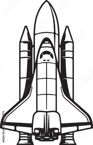 A detailed line drawing of a space shuttle ready for launch, suitable for coloring