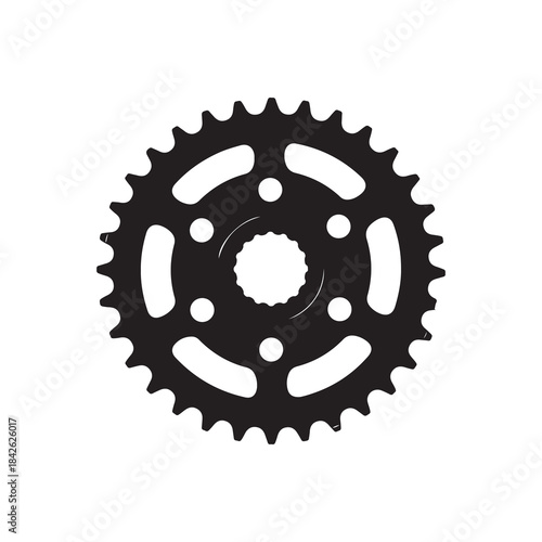 Simple black silhouette of a sprocket with bolt holes and central spline on a white background