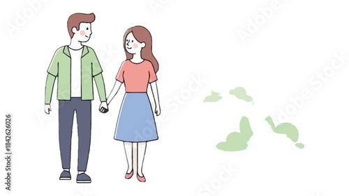 Eternal Embrace: A charming illustration depicts a couple hand-in-hand, symbolizing connection, affection, and the bond of love. Set against a clean backdrop with hints of natural elements
