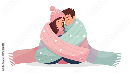 Cozy Embrace in Winter: A loving couple, wrapped in a warm blanket, shares a tender moment. The serene scene is filled with a sense of love and comfort.