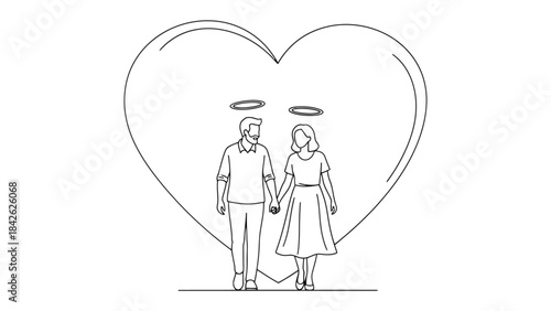 Eternal Bond: A minimalist sketch portrays a couple holding hands in front of a giant heart, symbolizing everlasting love and the sanctity of their connection. This illustration depicts their bond.