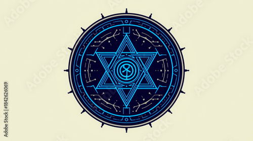 A mystical blue star of david symbol with intricate designs on a beige background