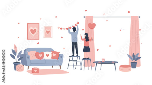 Decorating for Romance: A couple passionately prepares their home, weaving garlands and placing heart-shaped decor, creating a haven of love and anticipation.