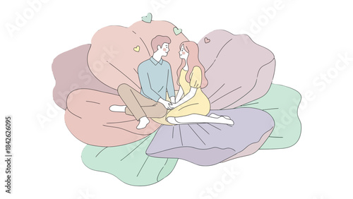 Love's sanctuary: A tender moment of togetherness between two individuals, nestled within a delicate flower, embodies love, intimacy, and the beauty of connection.