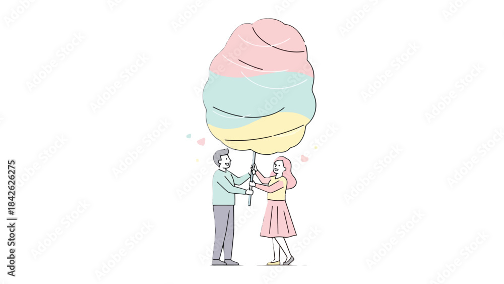 Φωτογραφία Sweet Duo: A couple shares a whimsical moment, delicately holding a towering, multi-colored cotton candy aloft, symbolizing sweetness and shared joy