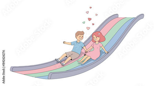 A couple slide down: a lovely cartoon slide down together, the sweet of the scene fill with pink heart. The couple hold each other's hands that make this scene warm