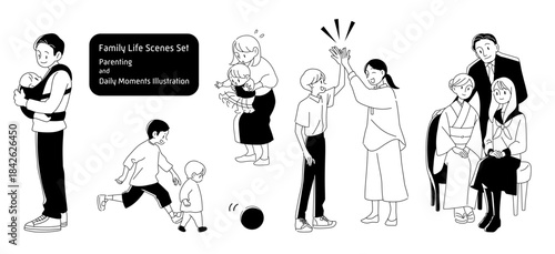 家族の日常シーンイラストセット｜子育て・親子・暮らしの瞬間