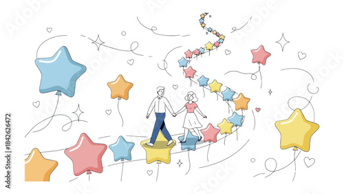 Path to the Future: A couple walks hand-in-hand along a whimsical path of star-shaped balloons, symbolizing the journey of togetherness. Evoking a sense of hope, dreams, and adventure.