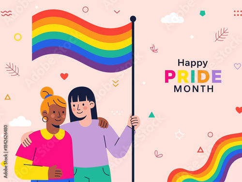 Vector illustration the couple celebrate pride month and holding lgbt flag
