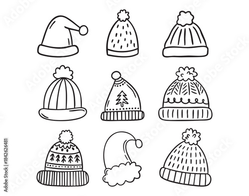 Winter hat icons line art clipart set with beanies and pom poms, monochrome collection, hand drawn.