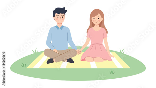 Love's Sweet Picnic: A loving couple enjoys a romantic picnic, their hands intertwined, seated on a comfortable blanket, a testament to companionship and affection.